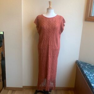 New Pretty Angel orange crochet fringed sweater dress OS